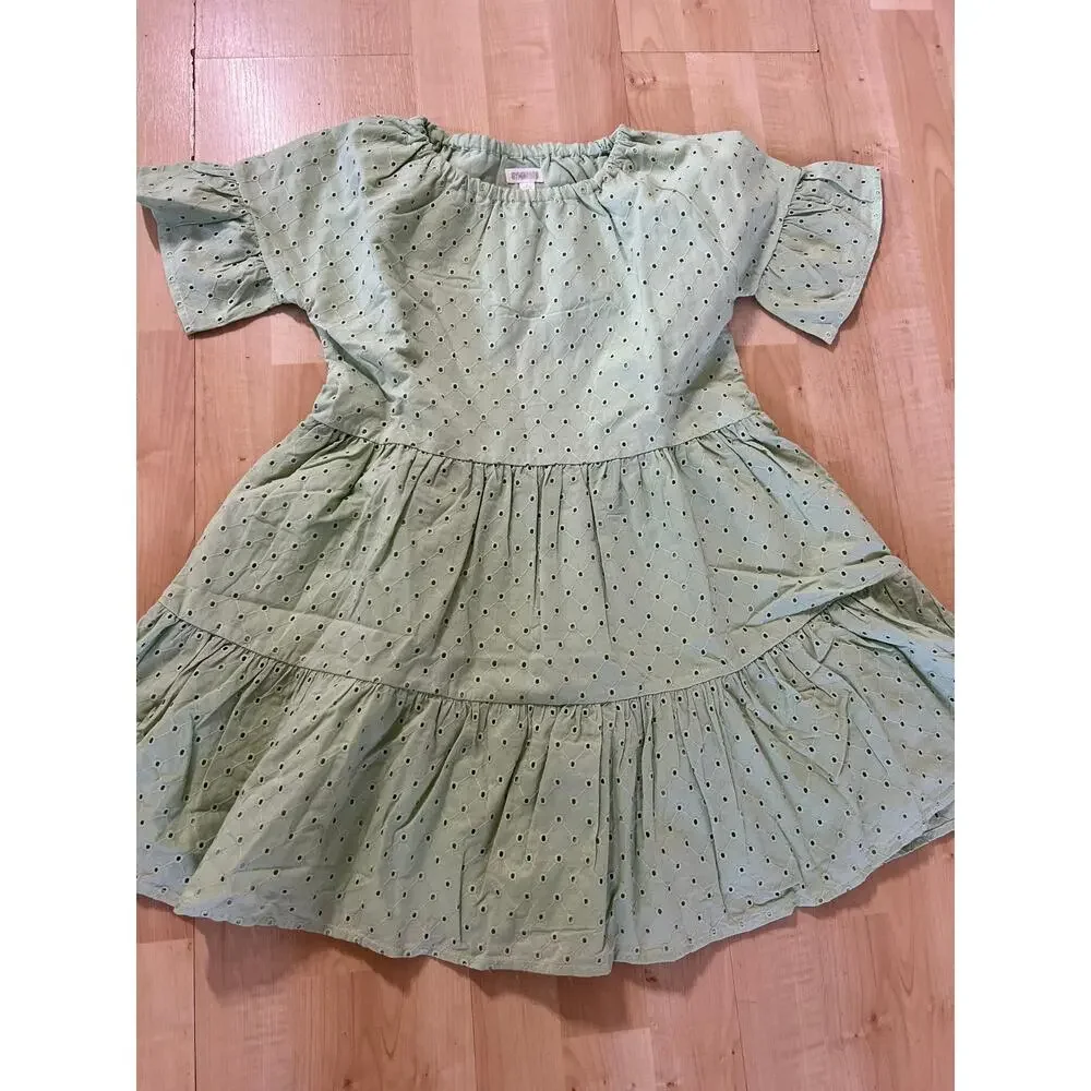 Gymboree Green Eyelet Tiered Dress Girls Size L 10-12 Cotton Summer Chic casual